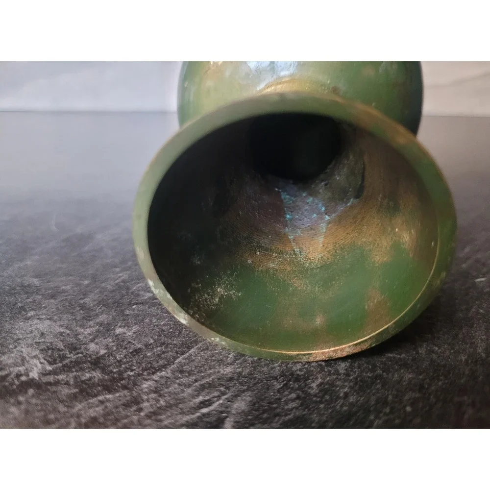 Vintage Miniature‎ Brass Bud Vase Green Gold Enamel Verdigris Trumpet Neck 4.5